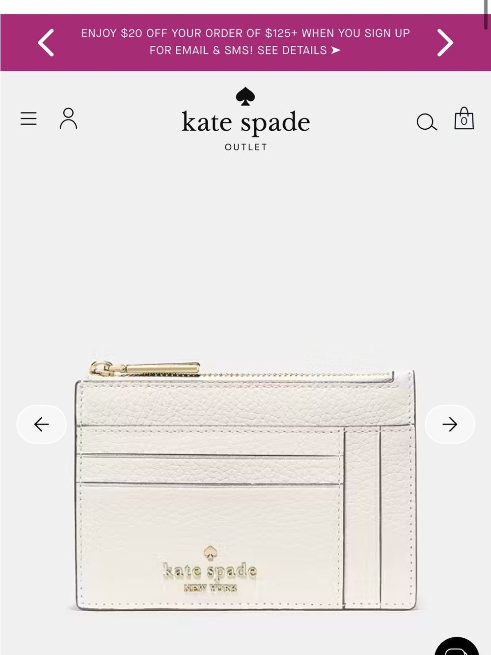 kate spade cream leather zip card holder with gold-tone logo